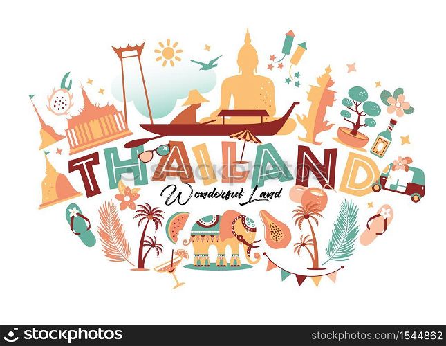 Collection of Thailand symbols with text. Vector poster. Postcard in trend color. Travel illustration. Web banner of travel with letters.