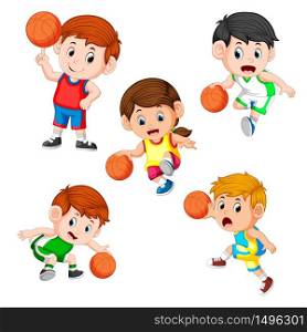 collection of the basketball professional children player with the different posing