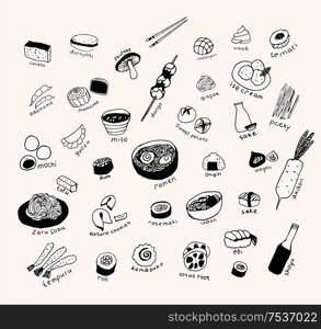 Collection of the different japanese food. Hand drawn line art set of the food icons. japanese food. Line art set