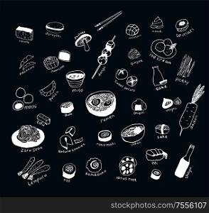Collection of the different japanese food. Hand drawn line art set of the food icons. Collection of the different japanese food. Hand drawn line art set of the food