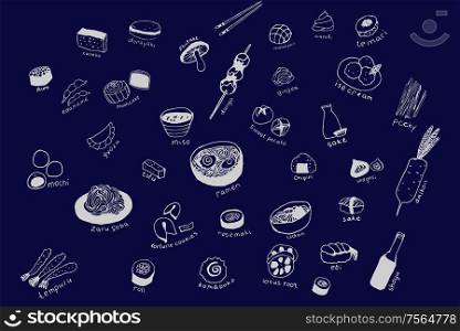 Collection of the different japanese food. Hand drawn line art set of the food icons. Collection of the different japanese food. Hand drawn line art set of the food