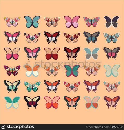 Collection of thirty six colorful hand drawn butterflies, orange background, vector illustration