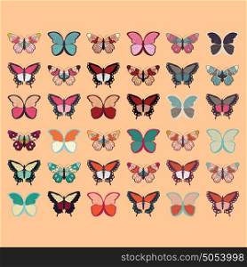 Collection of thirty six colorful hand drawn butterflies, orange background, vector illustration