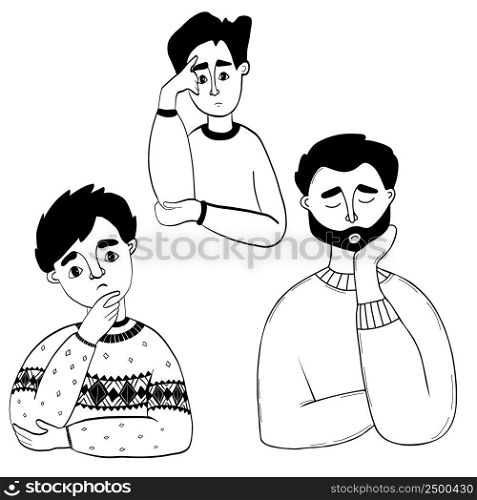 Collection of thoughtful men. pensive man with beard and thinking young guy. emotions - Doubts, thoughts and sadness. Vector illustration, outline. Psychology concept. Isolated on white background