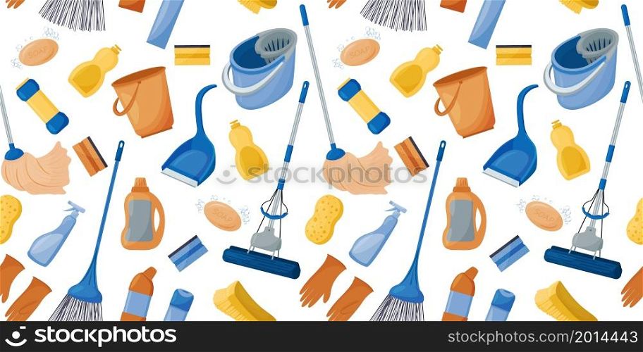Collection of tools for cleaning the house. Seamless pattern. Cleaning company. Vector illustration.