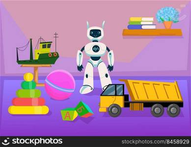 Collection of toys for children in nursery room. Toy construction truck and boat, robot, ball, pyramid, alphabet blocks, books and flowerpot on shelf flat vector illustration. Childhood, toys concept