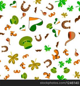 Collection of traditional symbols of St. Patrick. Beer mugs, clover, leprechaun hat, pot of gold coins. Repeating editable vector pattern. EPS 10. Collection of traditional symbols of St. Patrick on white background