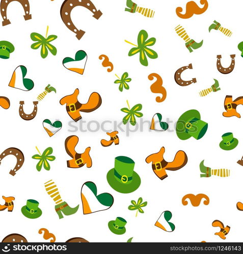 Collection of traditional symbols of St. Patrick. Beer mugs, clover, leprechaun hat, pot of gold coins. Repeating editable vector pattern. EPS 10. Collection of traditional symbols of St. Patrick on white background