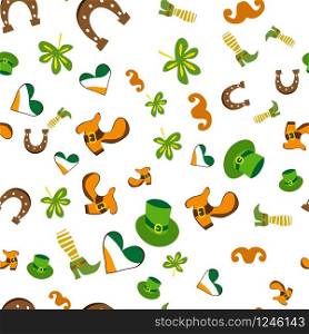 Collection of traditional symbols of St. Patrick. Beer mugs, clover, leprechaun hat, pot of gold coins. Repeating editable vector pattern. EPS 10. Collection of traditional symbols of St. Patrick on white background