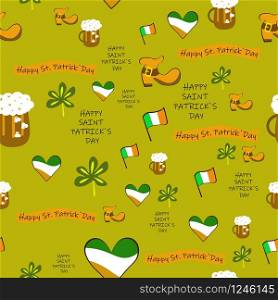 Collection of traditional symbols of St. Patrick. Beer mugs, clover, leprechaun hat, pot of gold coins. Repeating editable vector pattern. EPS 10. Collection of traditional symbols of St. Patrick on a dark background