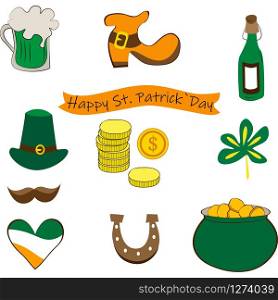 Collection of traditional symbols of St. Patrick. Irish green hat, beer mug, shoe, bottle, shamrock, coin, heart, mustache, horseshoe and pot. Vector illustration isolated on white background. EPS 10 vector.
