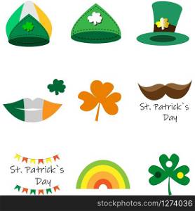 Collection of traditional symbols of St. Patrick. Irish green hat, mustache, lettering, shamrock, lips and rainbow. Vector illustration isolated on white background. EPS 10 vector.