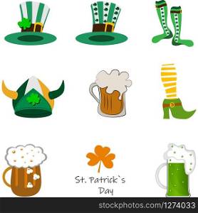Collection of traditional symbols of St. Patrick. Irish green hat, socks, shoe, beer mug, and shamrock. Vector illustration isolated on white background. EPS 10 vector.