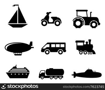 Collection of transport icons depicting a boat, scooter, tractor, blimp, van, train, liner, truck and airplane in black silhouette