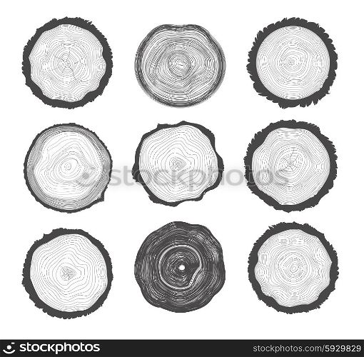 Collection of Tree Rings. Collection set of 9 tree rings. Black color on white background