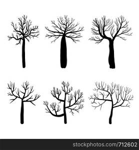 Collection of trees silhouettes, Isolated naked trees set on white background. Vector illustration.