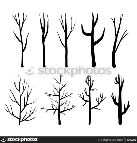 Collection of trees silhouettes, Isolated naked trees set on white background. Vector illustration.