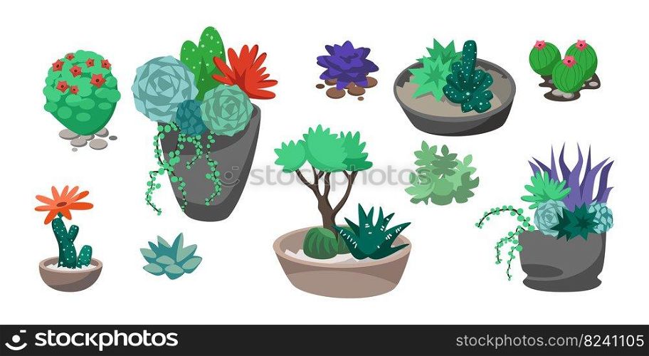 Collection of tropical cactus, flowers and succulents with rocks in pots isolated on white background. House plant cartoon vector illustration set. Florarium, terrarium, botanical interior concept