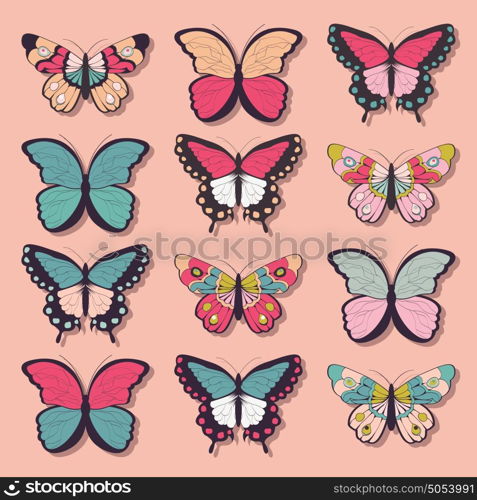 Collection of twelve colorful hand drawn butterflies, pink background, vector illustration