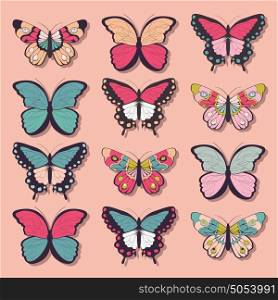 Collection of twelve colorful hand drawn butterflies, pink background, vector illustration