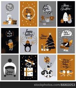 Collection of twelve colourful Christmas pictures with Santa Claus, white snowman near gift box, wolf with sparkler, fox on skates with xmas cake, rabbit with present boxes et. in cartoon style. Collection of Twelve Colourful Christmas Pictures