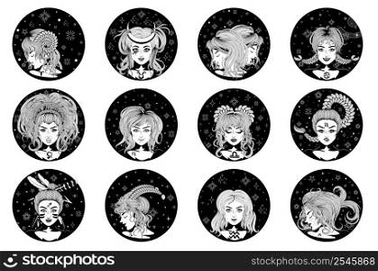 Collection of twelve fantasy girls of each zodiac sign black and white illustration.