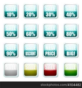 collection of twelve icon buttons with sale text and colour variation