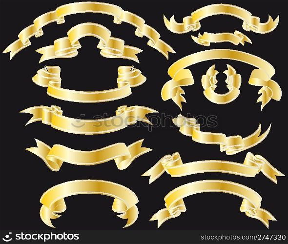 Collection of twelve vector golden ribbons with silver stripes