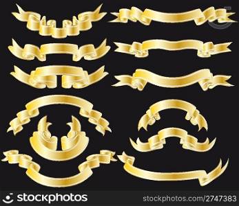 Collection of twelve vector golden ribbons with silver stripes