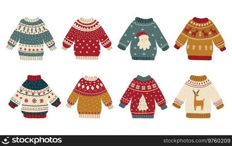 Collection of ugly Christmas sweaters or jumpers isolated on light background. Bundle of knitted woolen winter clothing with various prints. Colorful vector illustration in flat cartoon style.. Collection of ugly Christmas sweaters