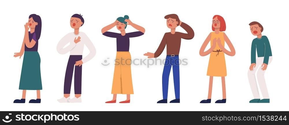 Collection of unhappy suffering cartoon people vector flat illustration. Set of man and woman character feeling pain or ache in different body parts isolated on white background. Collection of unhappy suffering cartoon people vector flat illustration