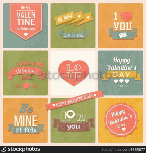 Collection of Valentine&rsquo;s day vintage labels, typographic design elements, ribbons, icons, stamps, badges, vector illustration