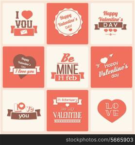 Collection of Valentine&rsquo;s day vintage labels, typographic design elements, ribbons, icons, stamps, badges, vector illustration