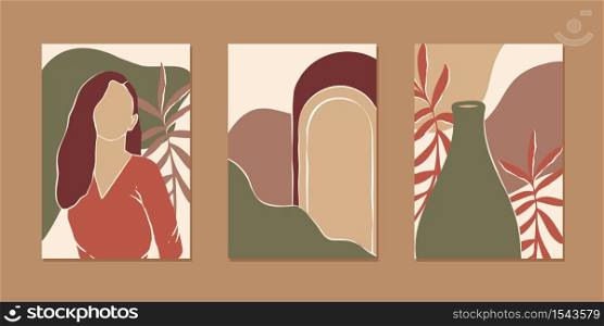 Collection of various abstract vertical background for mobile app and social media content with women portrait, plant and abstract shape in modern earth color, minimalistic style. Vector illustration