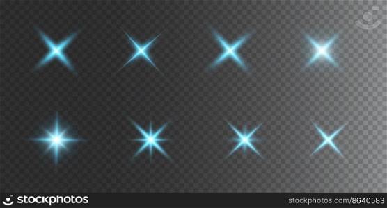Collection of various glowing stars. A set of glare from a sunbeam. Flashes of light. Glow effect, sparks, radiance, shine. Vector illustration on a transparent background. Collection of various glowing stars. A set of glare from a sunbeam. Flashes of light. Glow effect, sparks, radiance, shine. Vector illustration on a transparent background.