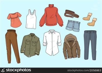 Collection of various men and women clothing pieces. Set of different garment and wear for male and female. Style and fashion. Clothes and accessories. Sale and discount. Vector illustration.. Collection of various men and women clothing