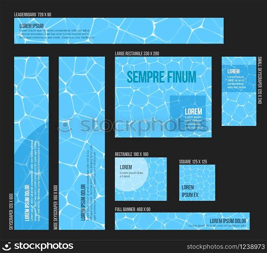 Collection of various sizes banners with blue summer pool background. Collection of water pool banners