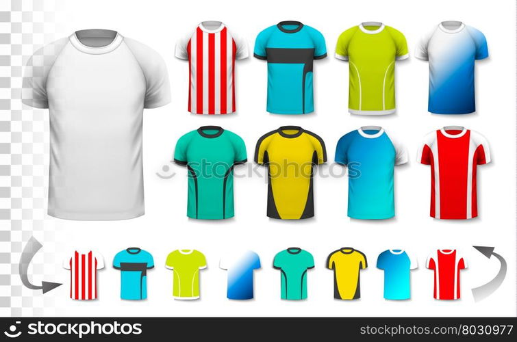 Collection of various soccer jerseys.. Collection of various soccer jerseys. The T-shirt is transparent and can be used as a template with your own design. Vector.