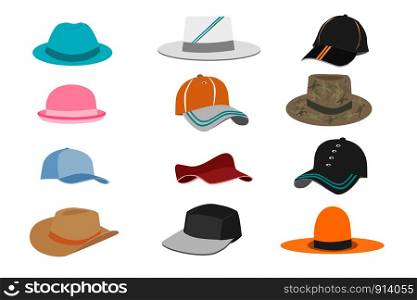 Collection of various types of hats on white background