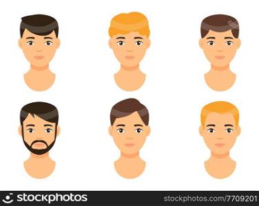 Collection of vector avatars of young men with blond and brown haircuts. Guys with different hairstyle. Bearded hipster. Set of cartoon caucasian characters for using at website or apps. Handsome men. Collection of avatars, young guys, men with brown, blond hair, cartoon characters portraits isolated