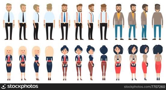 Collection of vector cartoon characters. Businesswomen and businessmen with different style office cloth, haircuts. Set of businesspeople wearing office suit, accessories. Dresscode of business person. Businesswomen and businessmen wearing different style office clothes, people from different sides