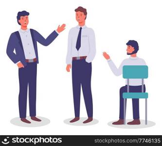 Collection of vector cartoon characters. Executive businessmen talking, gesturing, waving hands. Business meeting. Young man sitting at chair. Set of office workers communicating, isolated at white. Executive businessmen talking, gesturing, waving hands, business meeting, young man sitting at chair
