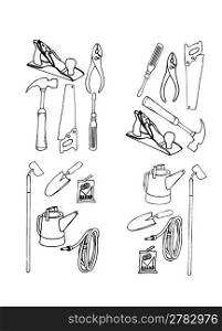 Collection of vector contours of various tools in black-and-white execution