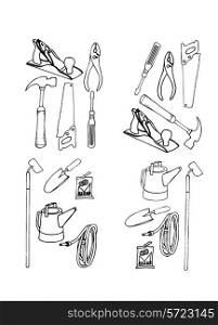 Collection of vector contours of various tools in black-and-white execution&#xA;