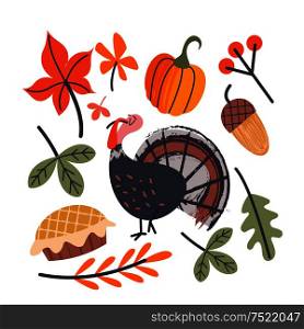 Collection of vector elements for thanksgiving. Cheerful Turkey, autumn leaves, orange pumpkins, berries and acorns, holiday cake. Vector illustration on white background.. A set of thanksgiving items. Turkeys, autumn leaves, orange pumpkins, birthday cake, berries and acorns. Vector illustration.