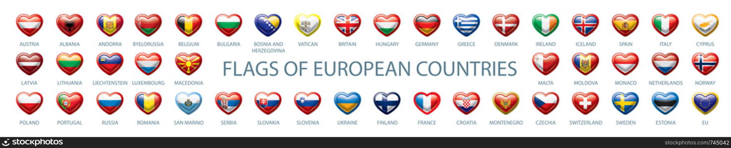 Collection of vector flags of Europe in the form of hearts.. Collection of vector flags of Europe in the form of hearts