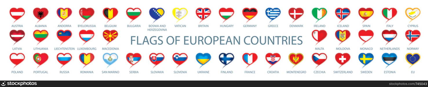 Collection of vector flags of Europe in the form of hearts.. Collection of vector flags of Europe in the form of hearts
