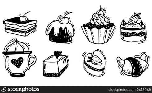 Collection of vector hand drawn decorative confectionery and sweets. Cake and croissant, creamy dessert, piece of cake and sweets. Vector illustration. Isolated line drawings for decoration and design