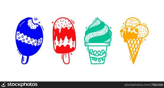 Collection of vector ice cream illustrations drawn by hand isolated on background.