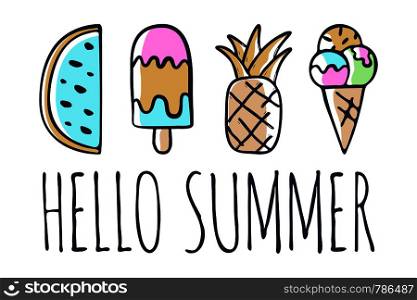Collection of vector ice cream watermelon and pineapple illustrations drawn by hand isolated on background.